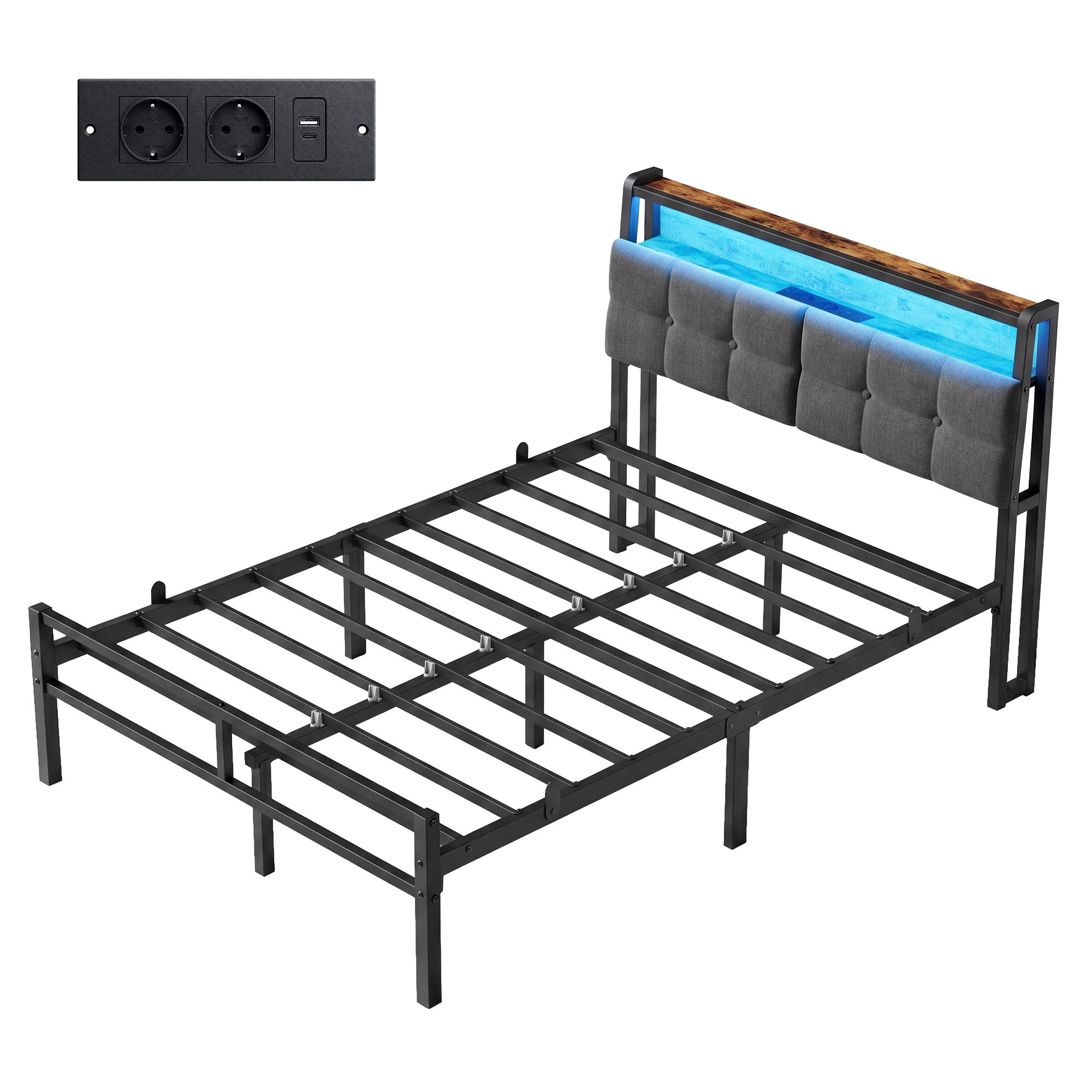 VASAGLE Metallbett 120 x 200 cm mit LED-Beleuchtung, Steckdosen und Stauraum Schwarz RMBB35120G101