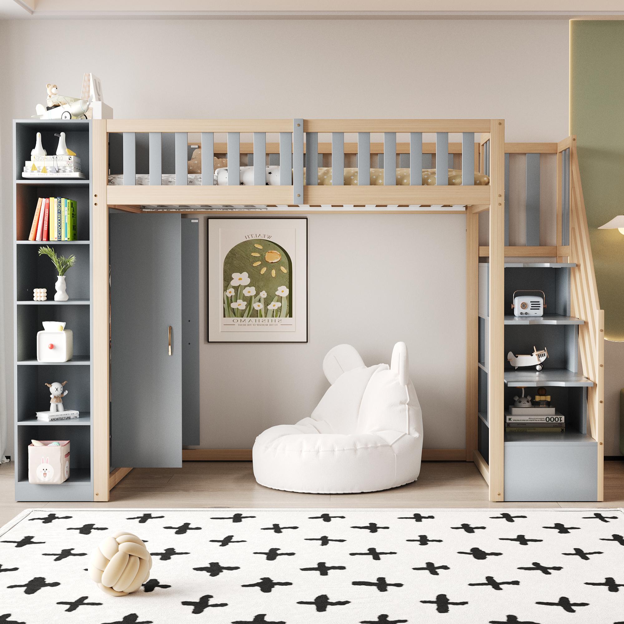 Hochbett 90x200 cm Grau Naturholz Massivholz mit Kleiderschrank und Regalen für Schlafzimmer