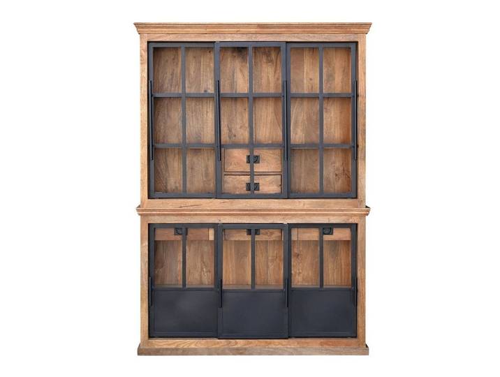 baario Vitrine Vitrinenschrank HOXT Industrial massiv Mangoholz & Eisen Schiebetüren