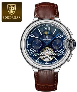 Inspired Finds POEDAGAR Hollow Tourbillon Automatic Mechanical Watch For Men Luxury Stainless Steel Waterproof Wristwatch silver Blue L