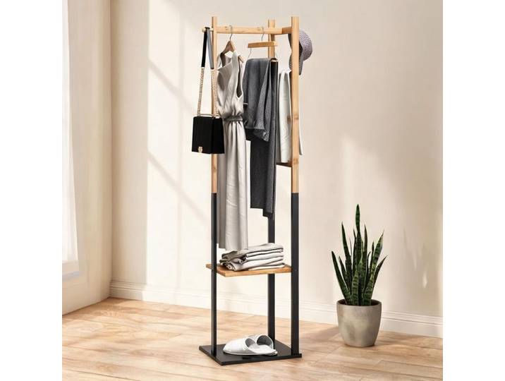 Portant vêtements bambou et acier noir avec tringle 2 étagères 4 barres 2 patères naturel