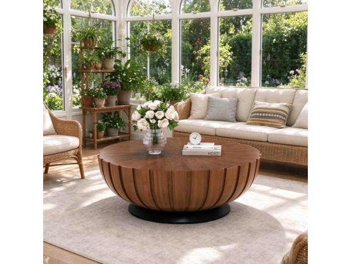 Runder Couchtisch in Trommelform, Couchtisch Aus Holz Mit Stauraum Handgefertigter, Gerillter Couchtisch in Trommelform Mit Verborgenem Stauraum – Für Das Wohnzimmer, Einfache Montage