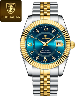 Youfap Market Waterproof Luxury Men's Quartz Watch, Military Date Wristwatch, Stainless Steel Fashion Watch gold Blue