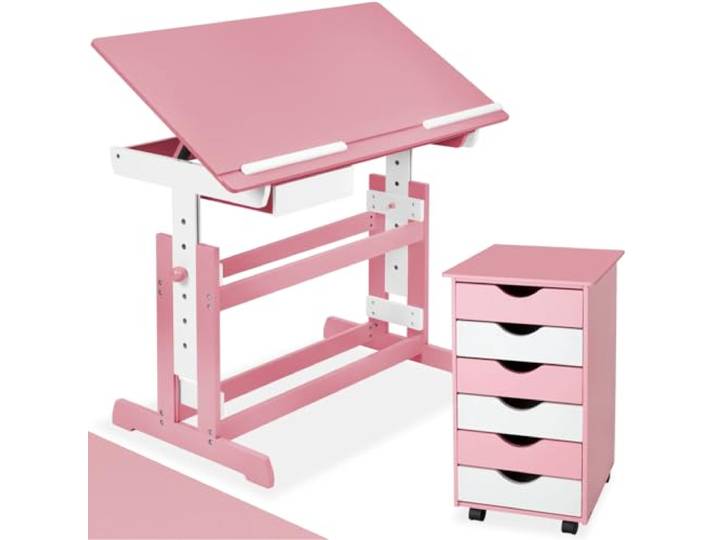 tectake® höhenverstellbarer Schreibtisch, Kindertisch, Kinderschreibtisch höhenverstellbar und neigbar mit Schreibtisch Zubehör Rollcontainer mit Schubladen, Kinderzimmer Möbel, Jugendzimmer - pink