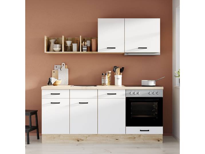 Küchenzeile Pado 195 cm 195 x 206 x 60cm Ausrichtung rechts Weiß/Weiß mit Elektrogeräten