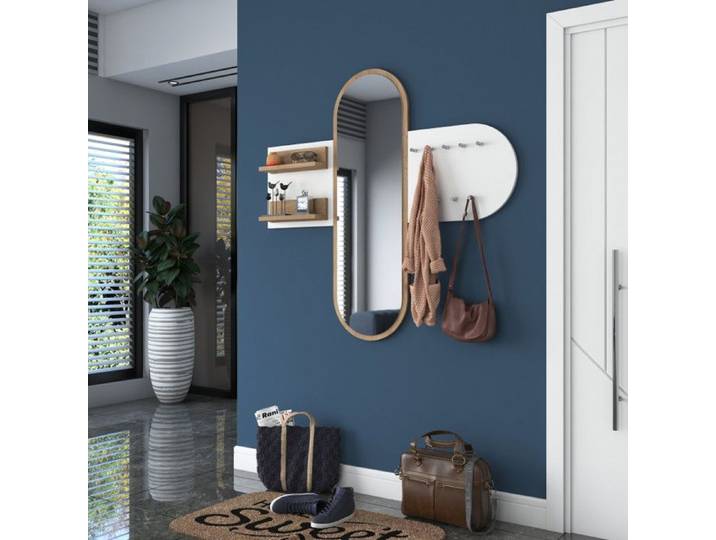 Porte-manteau mural Meuble dentrée en bois MDF mélaminé blanc et noyer 125 x 12 x 120 cm