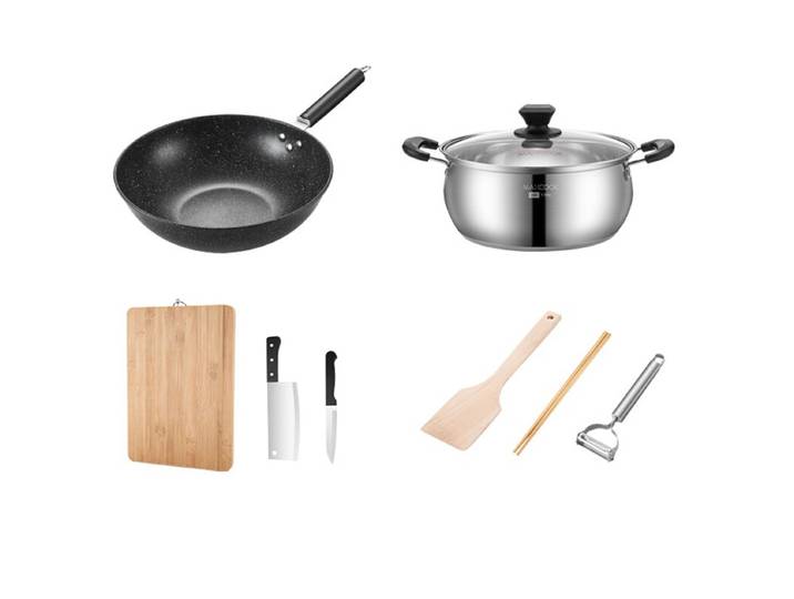 Maxcook Set de cuisine 8 pièces: wok, marmite, planche à découper, couteau, baguettes, spatule en bois, couteau d’office, couteau à fruits
