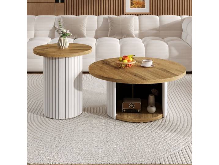 Ensemble de tables basses - MODERNLUXE - 75x75x50 cm+45x45x35 cm - Plateau rond - Compartiments de rangement - MDF - Naturel