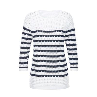 Rundhalspullover GOLDNER "Ajourpullover mit Streifenmuster", Damen, Gr. 42, weiß (weiß, marine, geringelt), Obermaterial: 50% Baumwolle CO. 50% Polyacryl PAN., gerade, U-Boot-Ausschnitt, Pullover Rundhalspullover, modisches Lochmuster mit Ringel