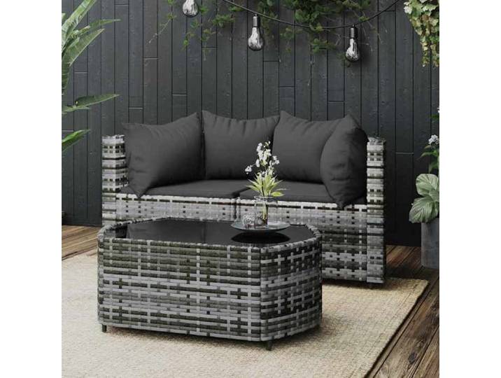 Salon de jardin 3 pcs coussins Gris Résine tressée Mobilier extérieur 3 places Terrasse Jardin