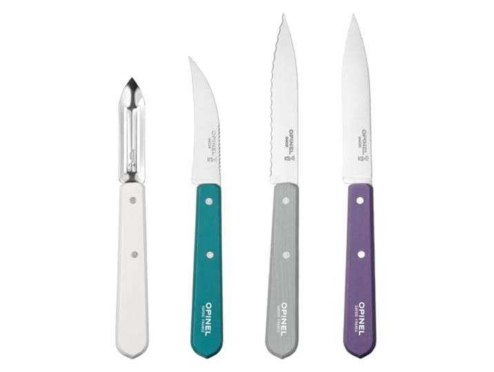 Opinel - Coffret de 4 Couteaux de Cuisine Les Essentiels Art Déco - N°112 Office\, N°113 Cranté\, N°114 Légumes\, N°115 Éplucheur - Violet\, Gris Clair\, Vert\, Blanc