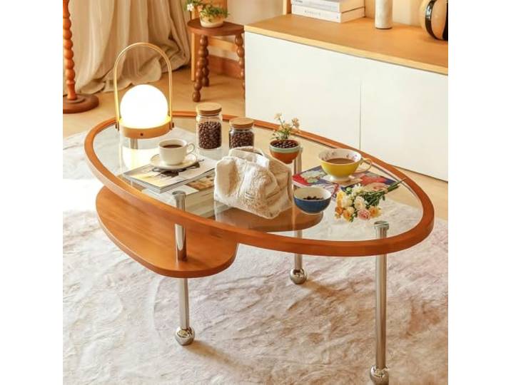 EBOYNSowAprr Ovaler gläserner Couchtisch für Wohnzimmer Zweistöckiger moderner Mitteltisch mit Massivholzablage, Minimalistisches Mid-Century Design(Cherry,43.3x23.6x16.1 in)