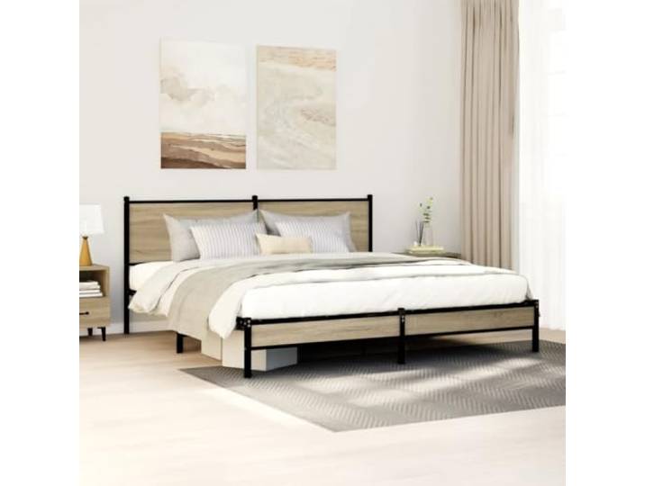 WDGJJFECNMUEHI Stabiles Stahlgestell Klassisches Design 160x200 cm Braun Metallbett ohne Matratze Sonoma-Eiche 160x200 cm stabiles Bettgestell mit Kopfteil und Stauraum für Schlafzimmer
