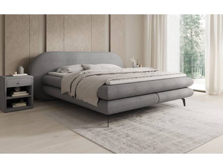 Boxspringbett Marisol mit ovalem Headboard in Bouclé - Hellgrau - 140x200 - H3 (70-100kg) - Luxusbetten24