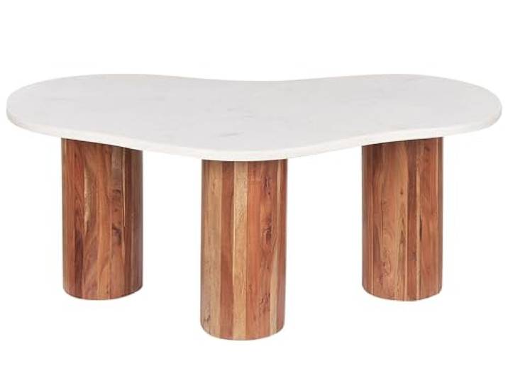 Beliani Couchtisch Marmor weiß asymmetrisch mit runden Holzbeinen Hellbraun Casablanca