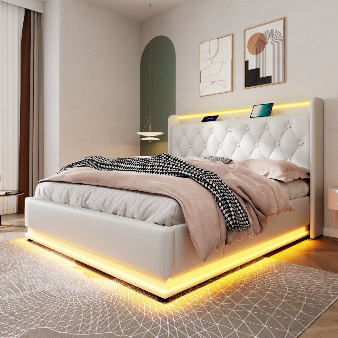 Ivy Bronx Modern Metal Frame Platform Pu Bed With Charging Ports White 160 x 220cm