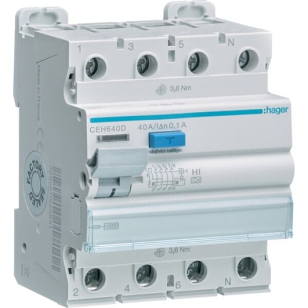 Hager FI-veiligheidsschakelaar CEH640D, 4-polig, 40A, 100mA, 10kA, 400V