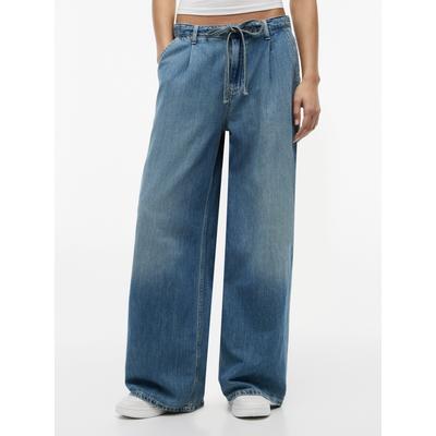 Loose-fit-Jeans TOMMY JEANS "CHARLIE MR LOOSE W", Damen, Gr. 28, Länge 30, blau (denim medium), Denim/Jeans, Obermaterial: 80% Baumwolle, 20% Leinen, unifarben, loose fit lang, Jeans, Denim mit Leinen, loose fit, teil-elastisches Bündchen