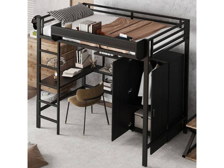 Lit Mezzanine 90x200 avec Bureau et Armoire Lit Combiné Enfant Ado Métal Noir Gain de Place avec Étagères et Échelle