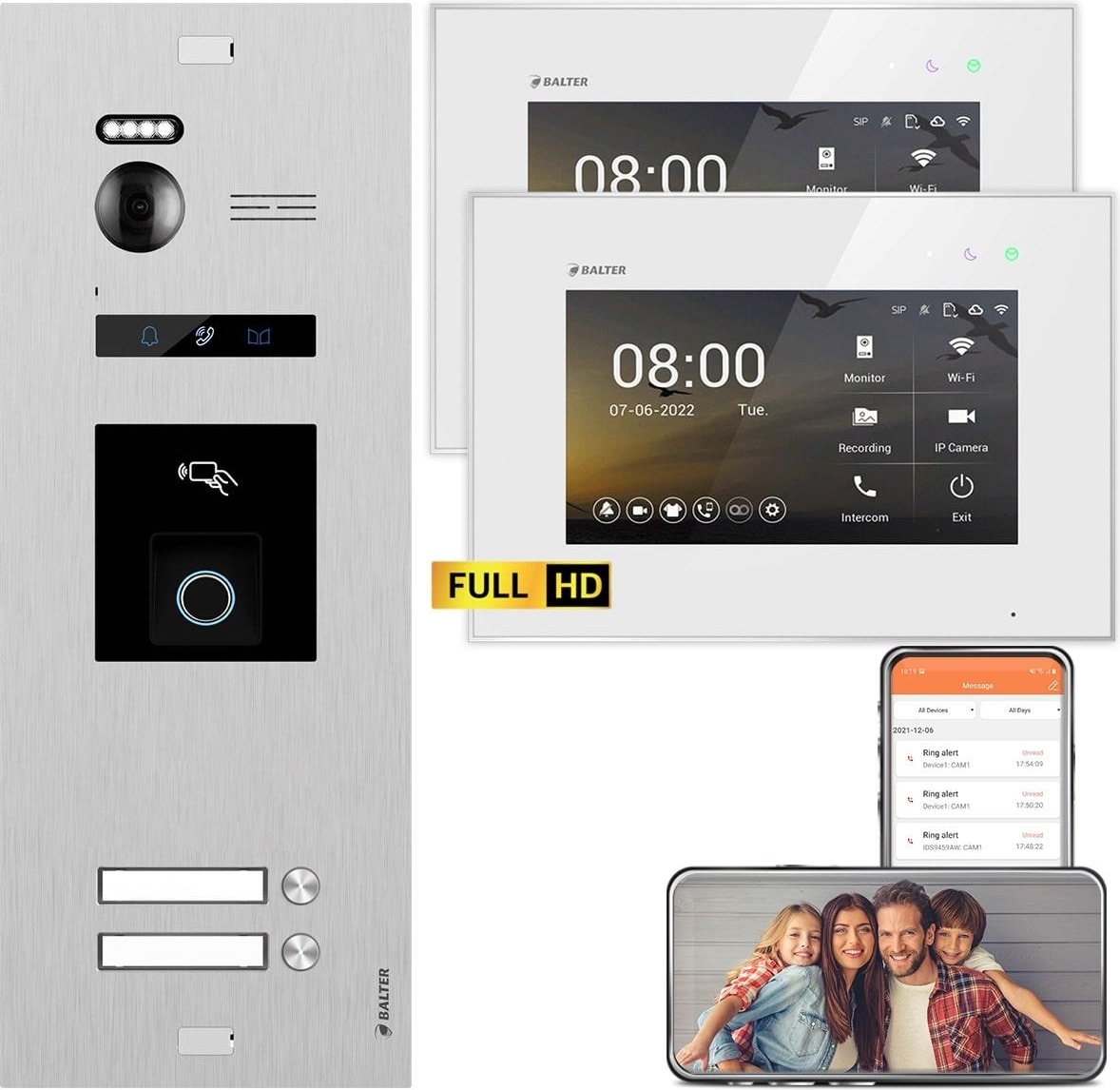 BALTER EVO HD Silber RFID/Fingerprint 2x7" WiFi Weiß Video Türsprechanlage Set 2 Familienhaus