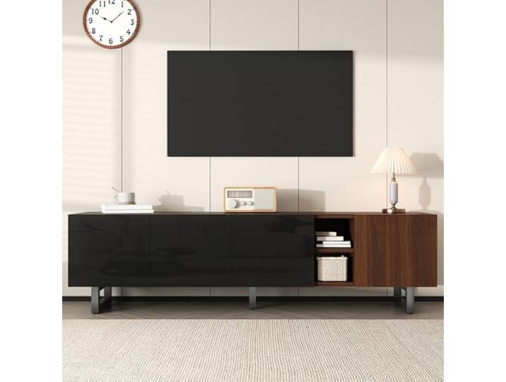 Merax TV Lowboard 180 cm Hochglanz Schwarz, TV-Schrank mit 4 Türen & Holzoptik, TV-Board mit Metallrahmen, Low TV-Ständer für Wohnzimmer,180 L x38 B x 50 H(cm)