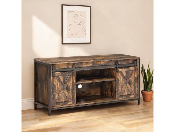 Meuble bas TV bois et métal style industriel 120 cm 6 niches rich brown