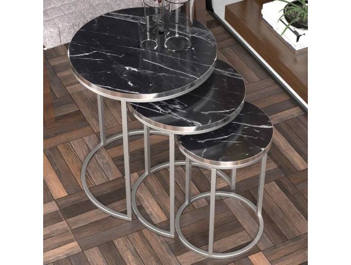 Set de 3 tables d'appoint Bornholm rondes gigognes marbre noir argent