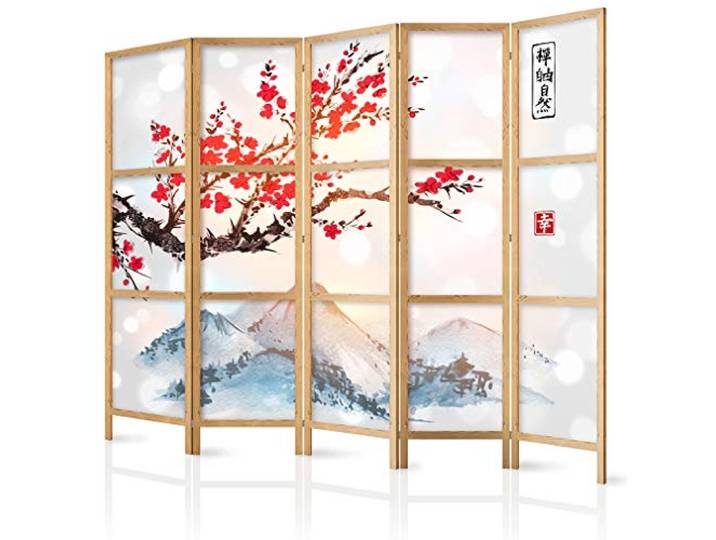 decomonkey Paravent Raumteiler Innen Weiß Landschaft, 225x171 cm, 5-teilig Spa, Wohnzimmer, Room Divider, Wall, Raumteiler Stehend, Trennwand, Sichtschutz, Spanische Wand, Sichtschutzwand, Holz