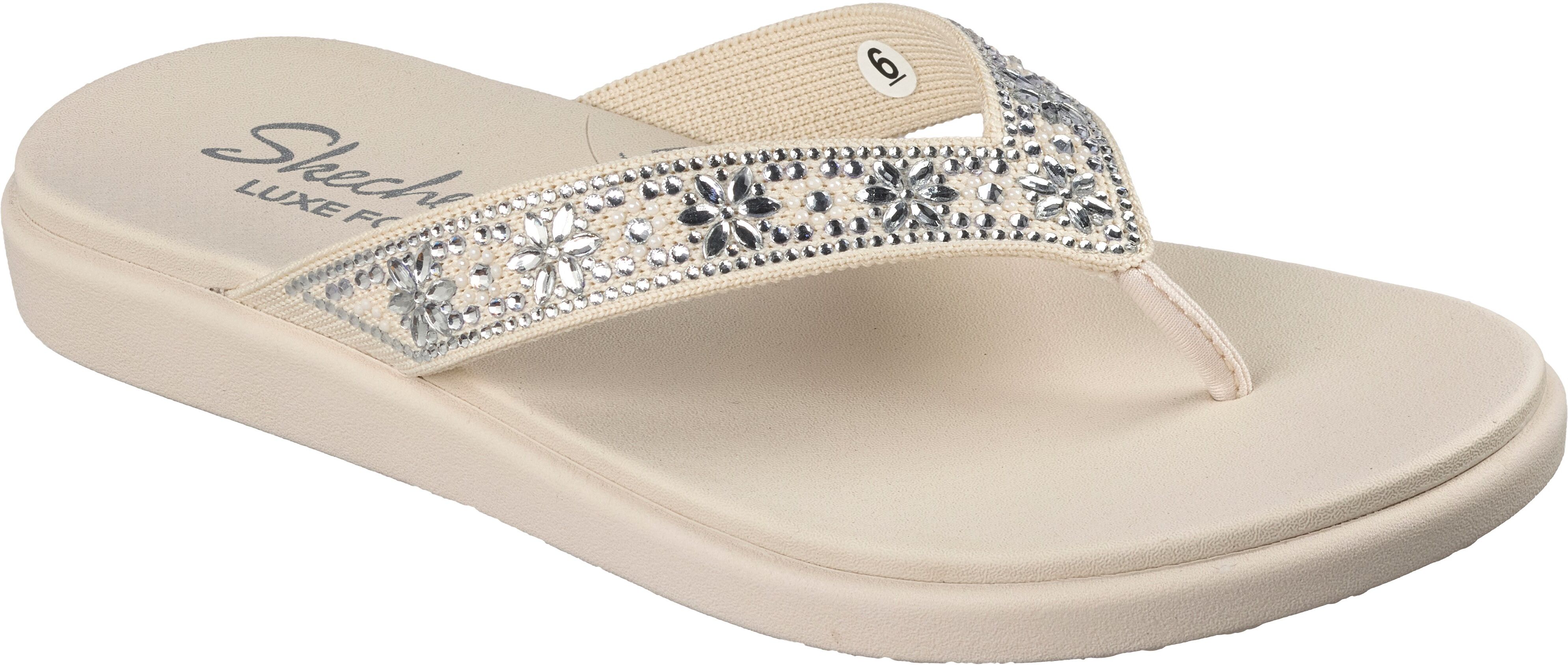 Zehentrenner SKECHERS "MEDITATION LUXE", Damen, Gr. 41, beige (sanftes weiß), Textil, Glitzer, Schuhe Zehentrenner, Sommerschuh, Strandschuh, Urlaubsschuh mit Glitzersteine sanftes weiß 41