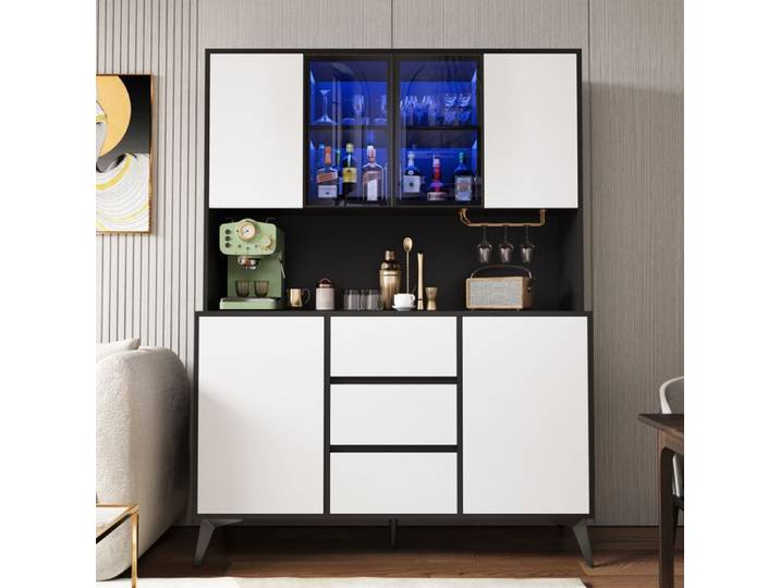 Piaenon Vitrine noir et blanc vitrine à porte vitrée 120x40x160cm 3 tiroirs couleur réglable via application.