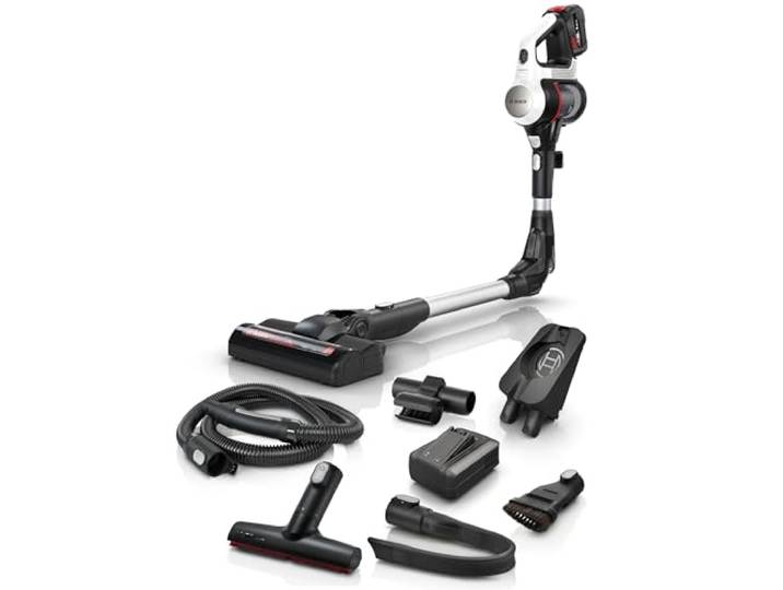 Bosch Akku-Staubsauger Unlimited 7 BSS715CARP, kabellos, Knickrohr, Hygiene-Filter, 10 Jahre Motorgarantie, 5.0 Ah Akku, Schnellladegerät, XXL-Polsterdüse, Turbostufe, Made in Germany, weiß