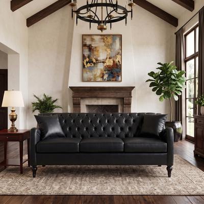 Loedds 75.2-Inch 3-Seat Faux Leather Sofa with Tufted Back & Pillows & Nailhead Trim