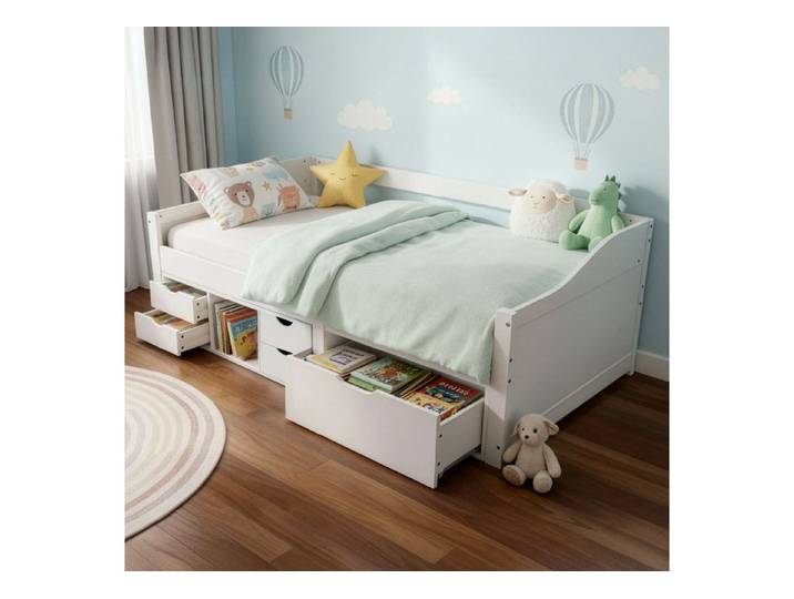 Juskys Stauraumbett Nalu, 90x200 cm Funktionsbett mit Lattenrost & Schubladen, Holz, Jugendbett