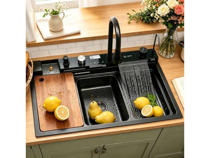 DSMRLEOP Küchenspüle, Wasserfall-Design Und Schwarzem Edelstahl-Finish, Große Einzelbecken-Bauernhausspüle, Nanobeschichtete -Vorbereitungsspüle Mit Ausziehbarem All-in-One-Wasserhahn(80x50cm)
