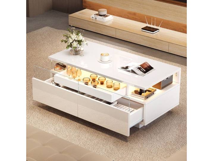 Table basse avec lumière LED 90x45x35.5cm Table basse brillance pour salon avec 2 tiroirs verre trempé Table basse blanc