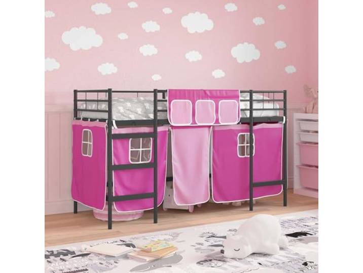 SKTQYQO Kinderbett Loft mit Zelt schwarz und rosa Metall, 194 x 95 x 116 cm, kurz, an der Wand montiert, leicht zu reinigen