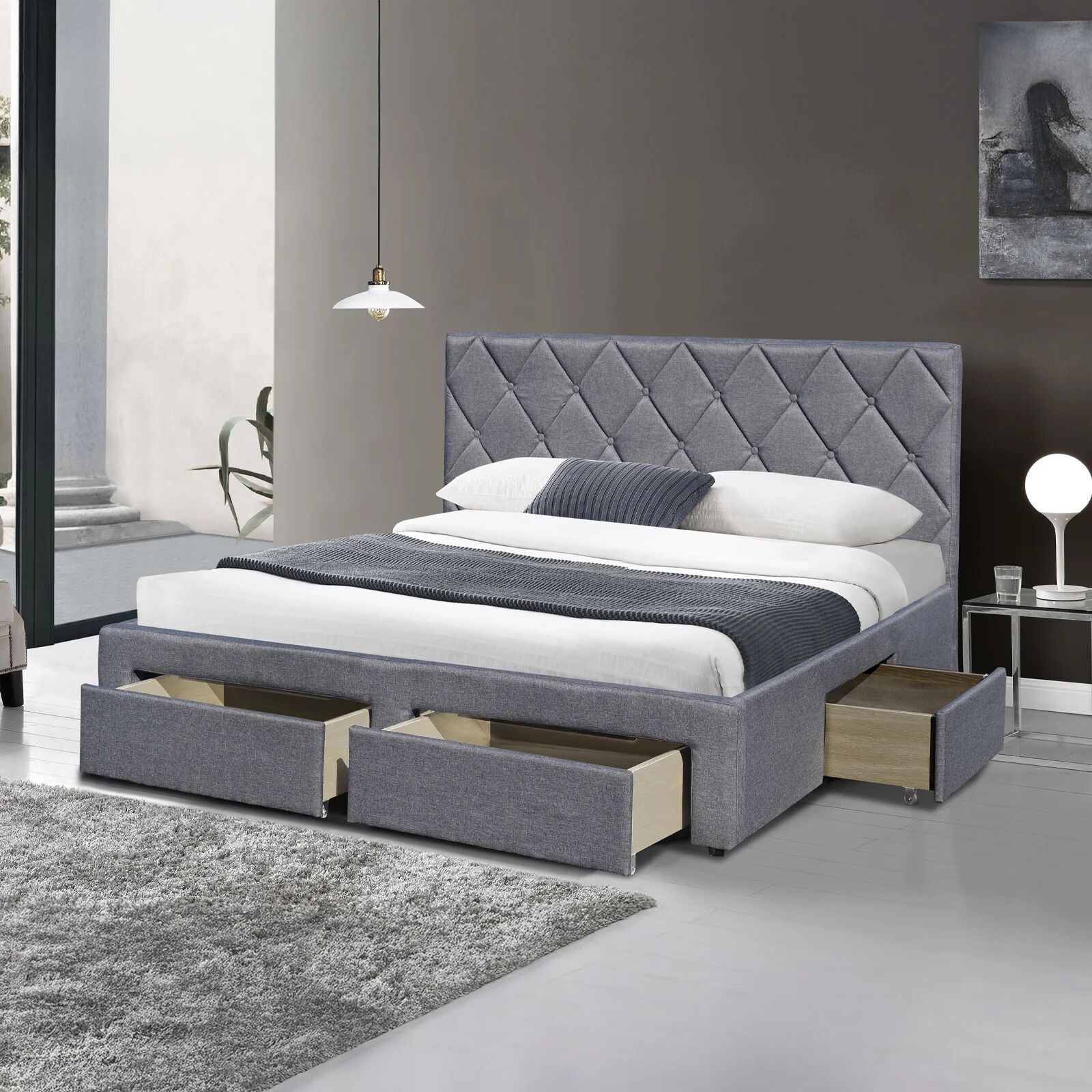 garneroarredamenti Letto matrimoniale con cassettoni 160x200cm grigio nero Galileo