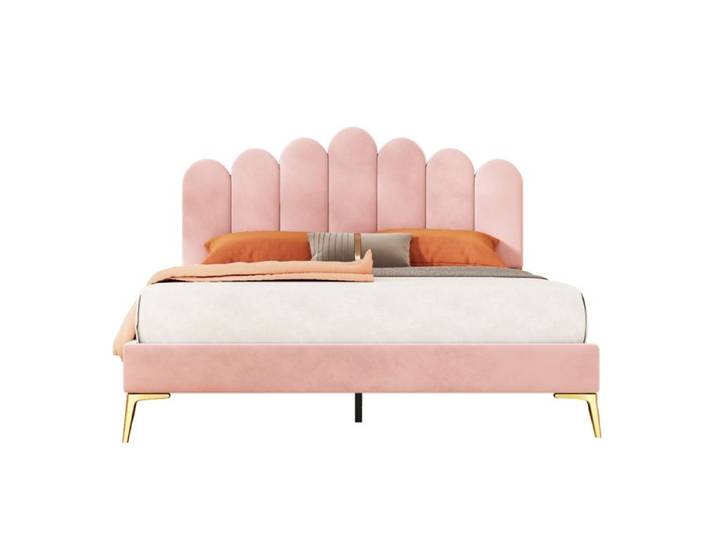 Polsterbett Doppelbett 140x200 cm en velours rose cadre de lit avec tête de lit et sommier à lattes