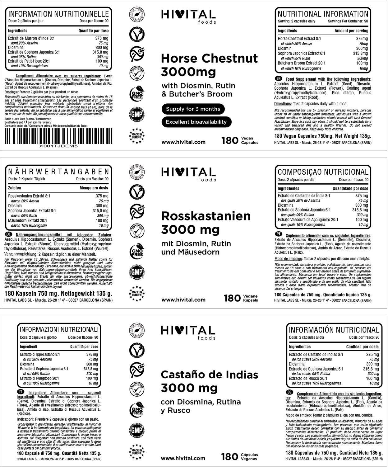 Hivital Foods HIVITAL Castaño de Indias Complex con Diosmina Rutina y Rusco 180 cáps