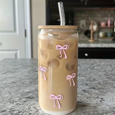 Perfect Picks Market Cute Bow Glass Cup With Lid And Straw Aesthetic Iced Coffee Tumbler pink
