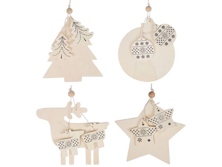 4er-Set Anhänger aus Holz, Rentier, Weihnachtskugel, Christbaum und Stern, zum Aufhängen