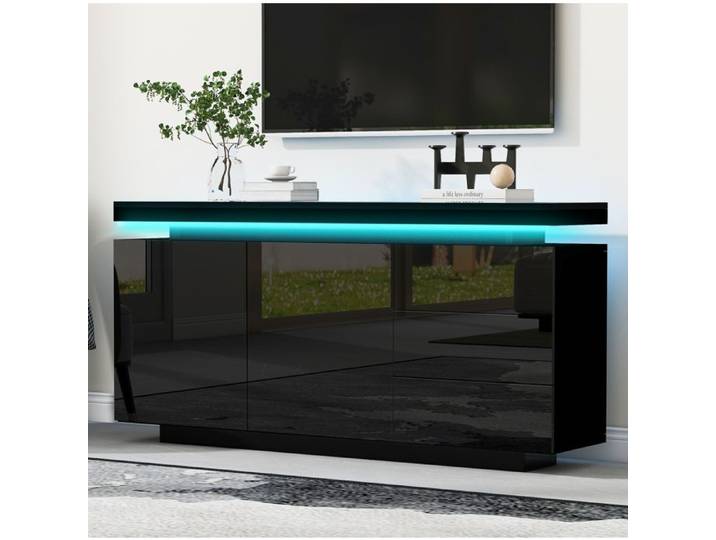 Buffet Bas - Buffet Laqué LED - 140x35x72cm - 2 Portes - 3 Tiroirs - Design Sans Poignées - Noir