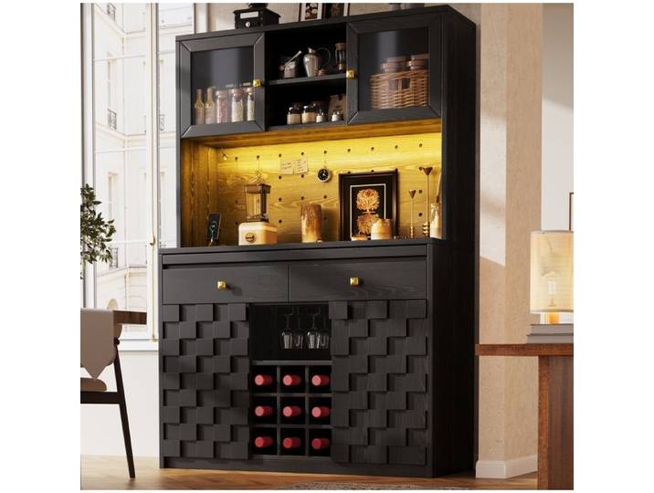 Modenuit Buffet de cuisine 120 x 40 x 178 cm avec LED RGB prises USB MDF et acrylique noir
