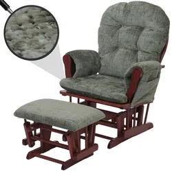 Relaxsessel MCW-C76, Schaukelstuhl Schwingstuhl mit Hocker Stoff Chenille (465g/m2) Öko-Tex ~ grün, Gestell dunkel