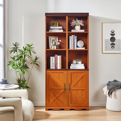 Farmhouse Tall Storage Cabinet with Adjustable Shelves, 3D Wood Grain Finish MDF Bookcase