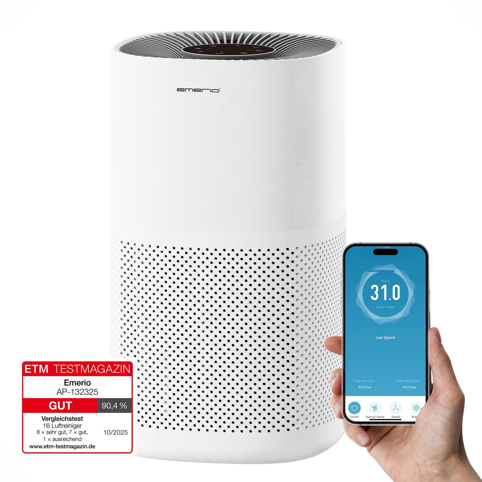 Emerio Luchtreiniger AP-132325 met HEPA13 en Koolstof filter, 45 m², 50 dB, met App en Ionisatiefunctie