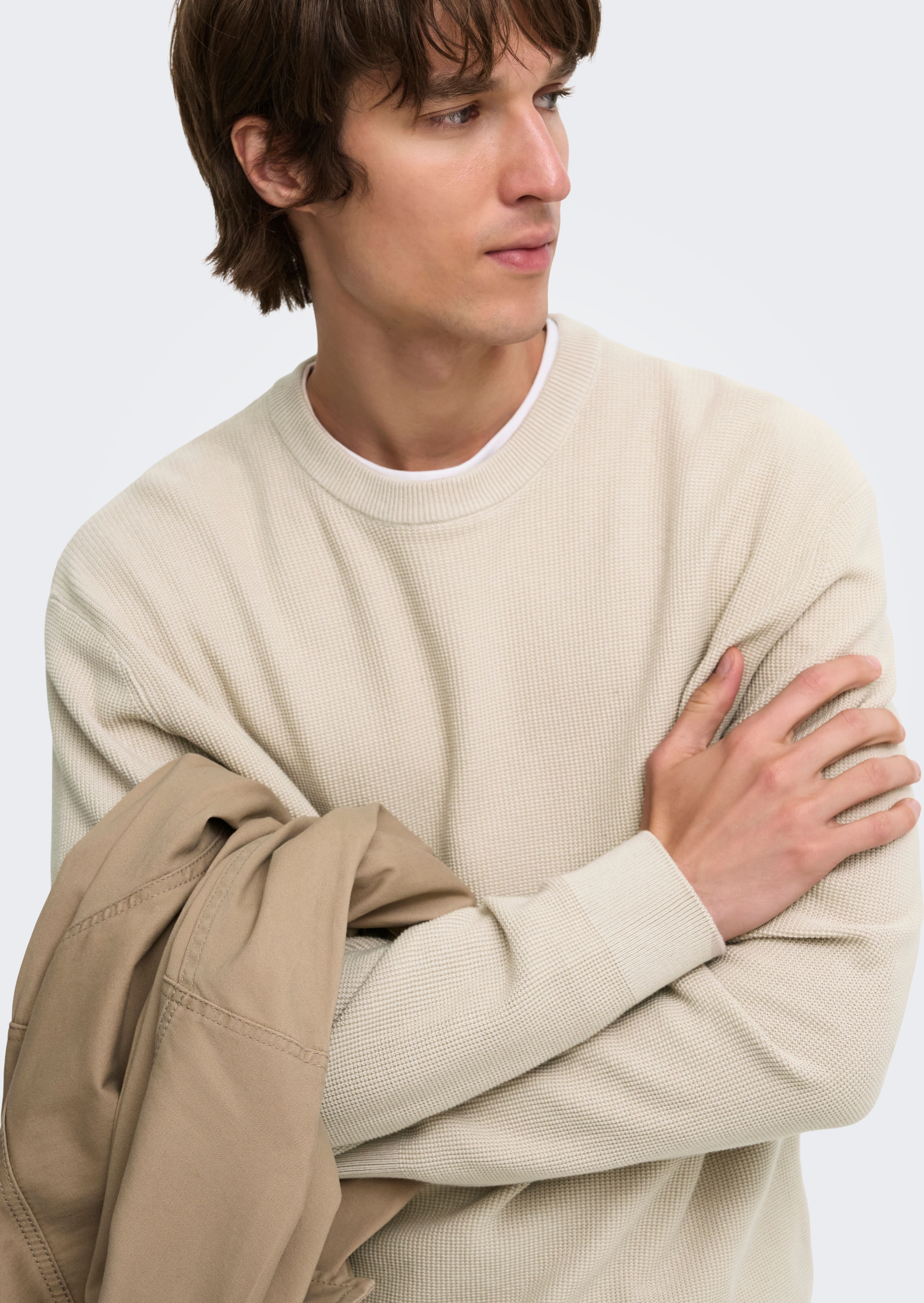 Rundhalspullover ONLY & SONS "ONSTONY DS 12 LS WAFFLE CREW KNIT", Herren, Gr. XL, beige (silber lining), Strick, Obermaterial: 100% Baumwolle, unifarben, relaxed fit normal, Rundhals, Bündchen, Pullover Rundhalspullover, Baumwolle, relaxed fit silber lini