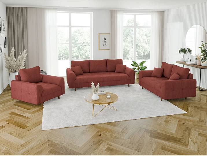 S-Style Möbel Maya - Polstergarnitur 3+2+1 mit Braun Holzfüßen im skandinavischen Stil aus Cord-Stoff - Terrakotta