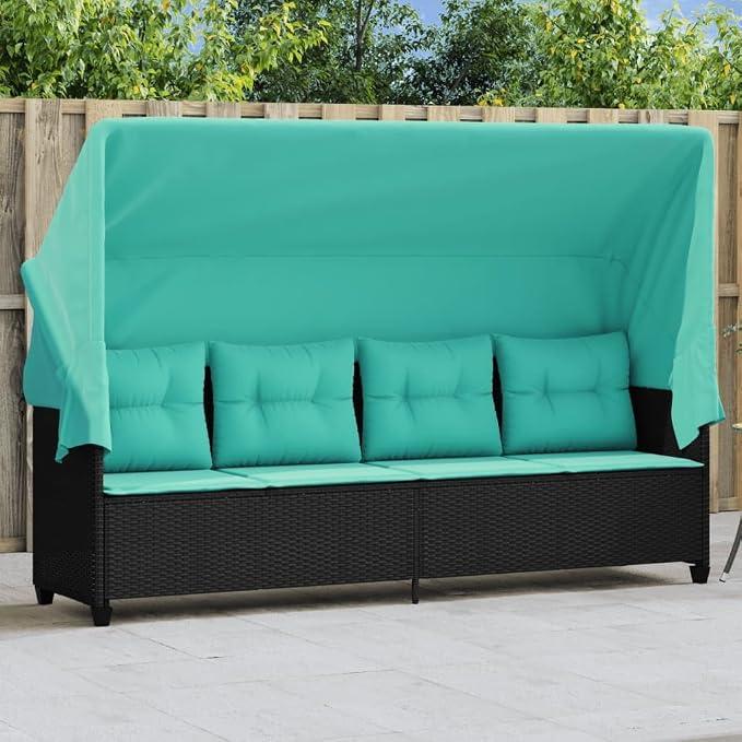 Sonnenliege Gartenliege mit Dach und Kissen Schwarz Poly Rattan, verstellbar mit Armlehne und Sonnendach, wetterfest für Terrasse Balkon Outdoor Camping