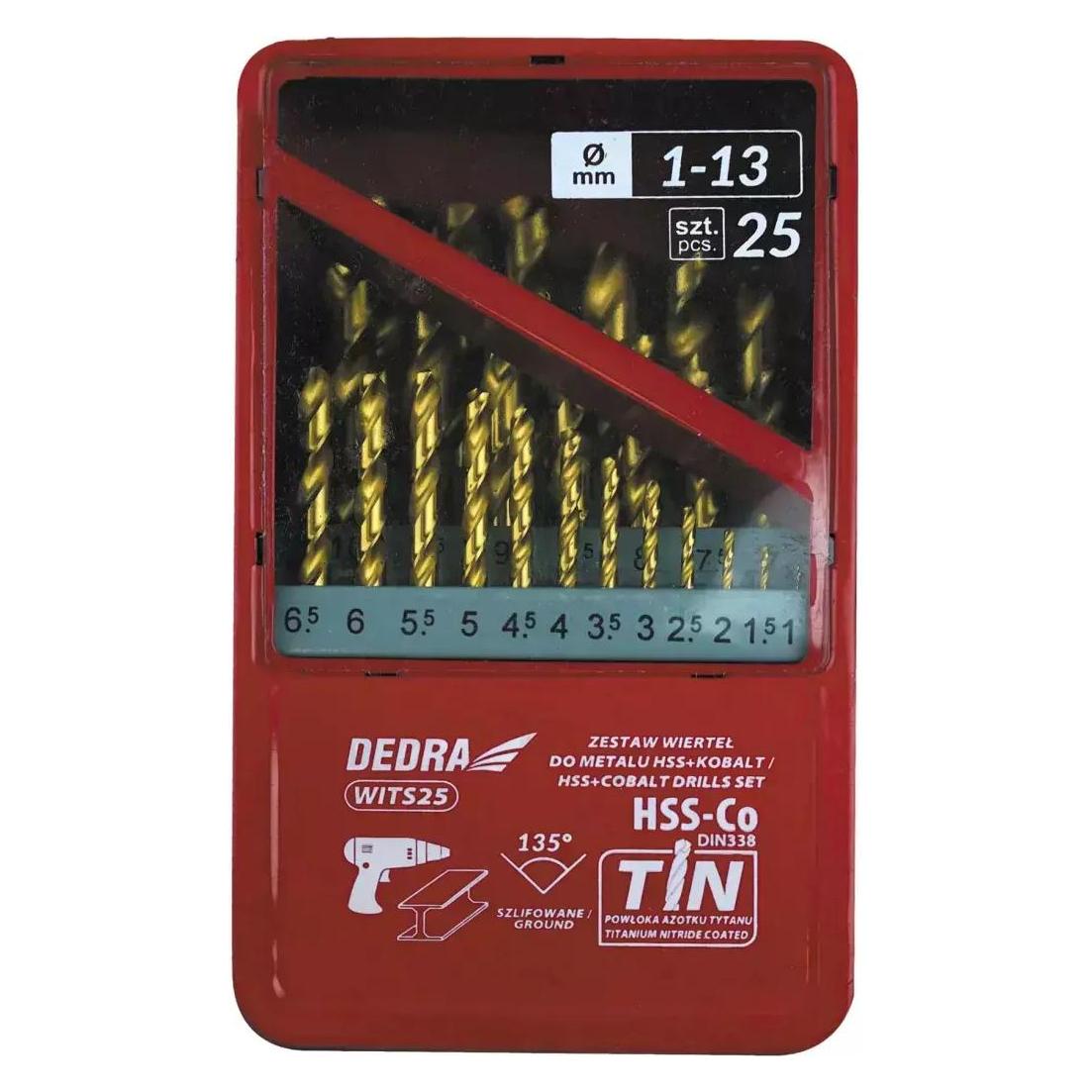 Dedra 25-teiliges Set mit verdrilltem Bohrer für Metall HSS+Kobalt+ TiN, 135° (WITS25)
